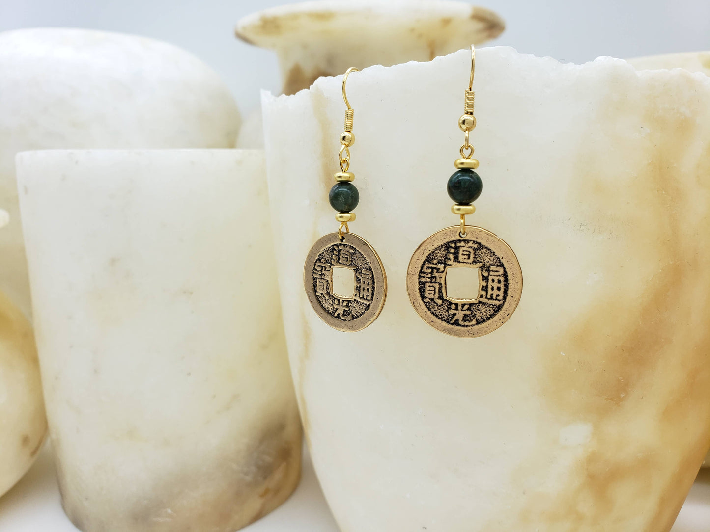 I Ching Coin with Jade Earrings