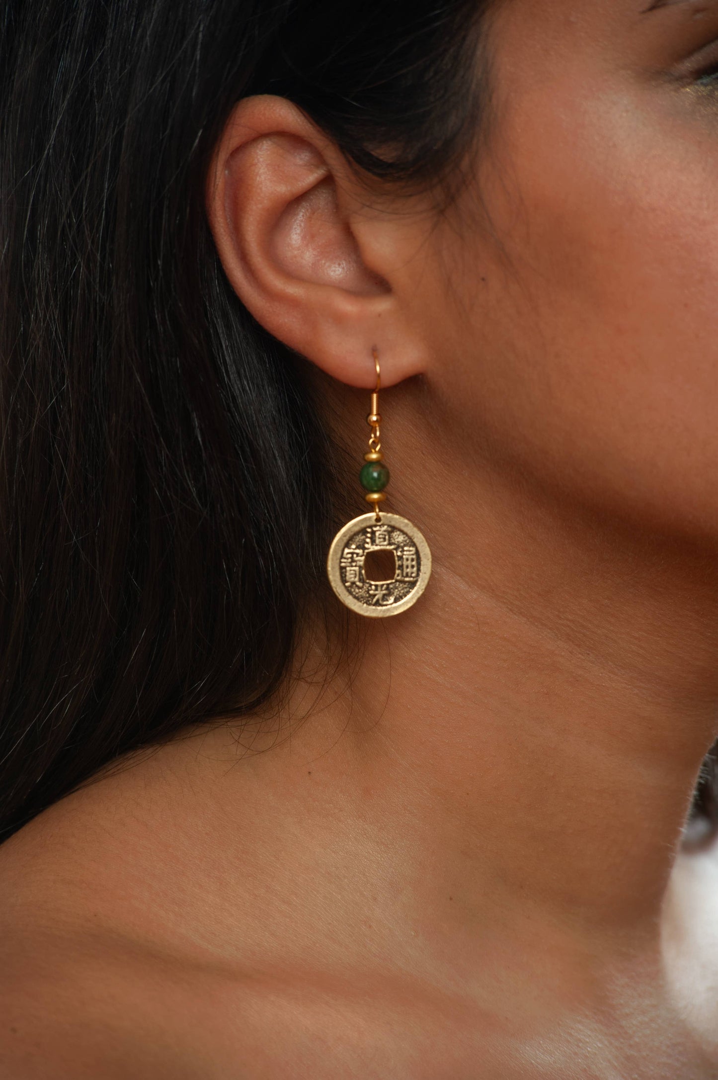 I Ching Coin with Jade Earrings